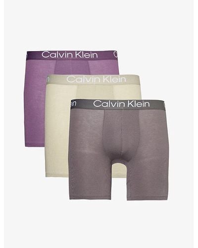 Calvin Klein Branded-waistband Mid-rise Pack Of Three Stretch-jersey Boxer Briefs X - Purple