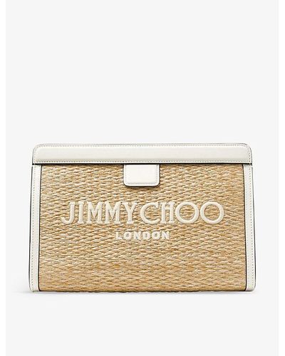Jimmy Choo Tural/light Gold Avenue Logo-embroidered Raffia Pouch - Natural