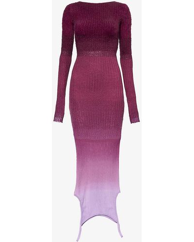 The Attico Semi-sheer Ribbed Knitted Midi Dress - Purple