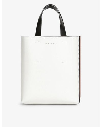 Marni Museo Logo-embossed Leather Tote Bag - White