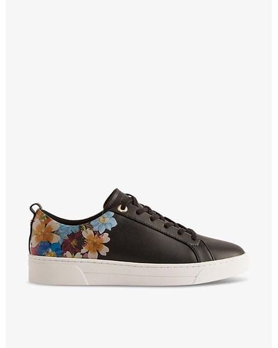 Ted Baker Aleeson Floral-print Leather-blend Low-top Trainers - Black
