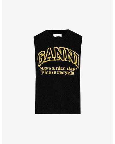 Ganni Slogan-print Sleeveless Knitted Top - Black