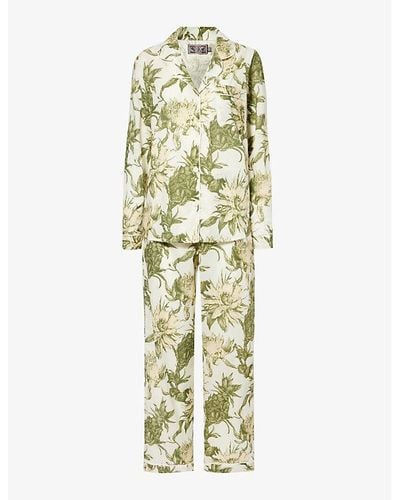 Desmond & Dempsey Floral-print Button-front Cotton Pyjama Set - Metallic