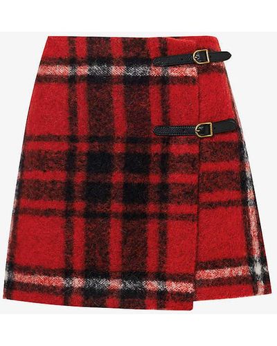 Polo Ralph Lauren Buckle-embellished Checked Wool-blend Mini Skirt - Red