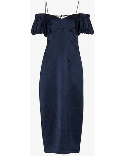 Whistles Faye Bardot-neck Satin Midi Dress - Blue