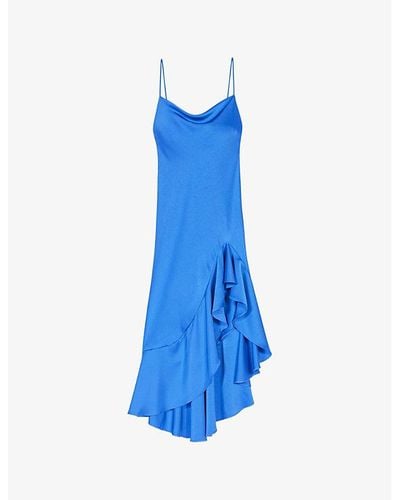 Maje Ruffle-trim Asymmetric-hem Satin Midi Dress - Blue