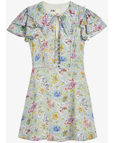 Ted Baker Mib Floral-print Tie-neck Woven Mini Dress - Blue