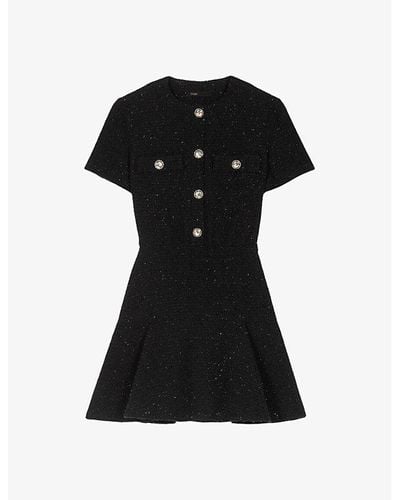 Maje Round-neck Short-sleeved Tweed Mini Dress - Black