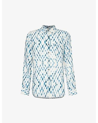 120% Lino Tie-dye Long-sleeved Regular-fit Linen Shirt - Blue