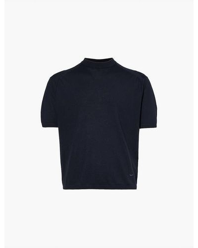 Emporio Armani Blu Vy Monogram-embroidered Dropped-shoulder Woven-blend T-shirt - Blue
