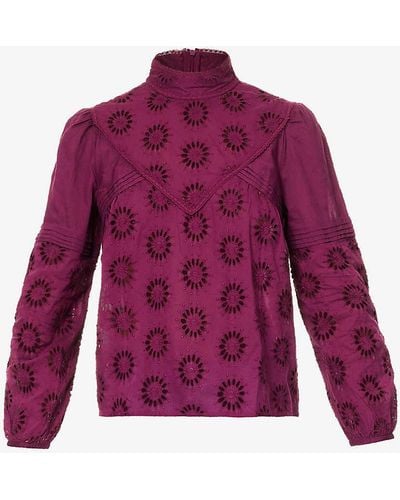 IKKS Flower-embroidered Cotton Blouse - Purple