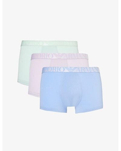 Emporio Armani Branded-waistband Pack Of Three Stretch-organic-cotton Trunk - Blue