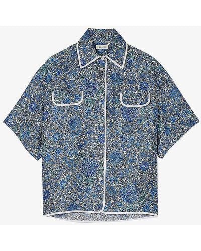 Sandro Floral-print Relaxed-fit Silk Shirt - Blue