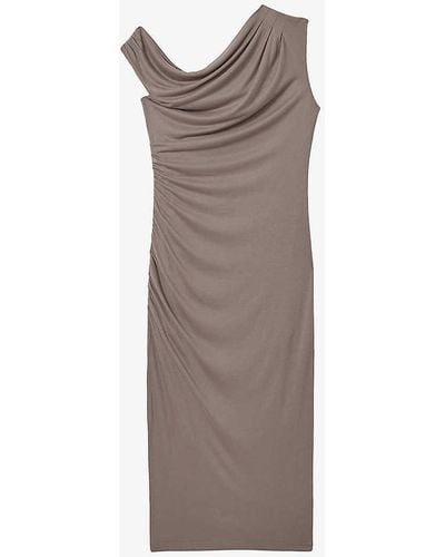 Reiss Fern Ruched Woven Midi Dres - Brown