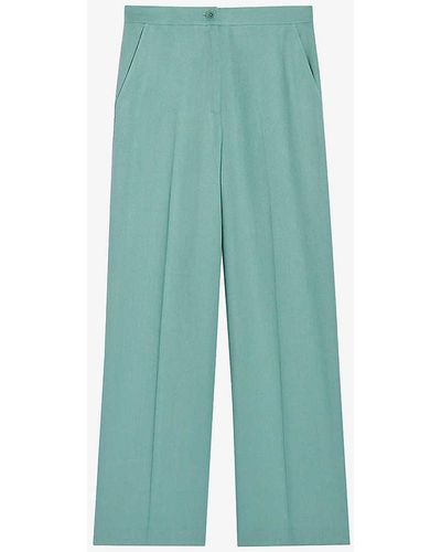 Claudie Pierlot Tailored Wide-leg High-rise Stretch Linen-blend Trousers - Green