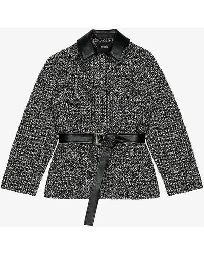 Maje Faux-leather Collar Straight-fit Tweed Coat - Grey