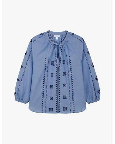 The White Company Embroidered Chambray Organic-cotton Blouse - Blue