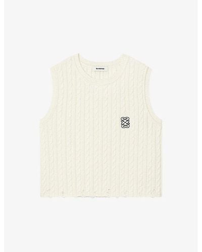Sandro Logo-embroidered Cable-knit Cotton And Wool-blend Top - White