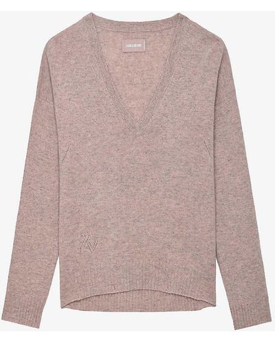 Zadig & Voltaire Vivi Star-embroidered V-neck Cashmere Jumper - Pink