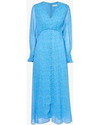 Aspiga Sally Anne Floral-print Rouleaux-button Woven Maxi Dress X - Blue