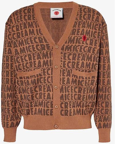 ICECREAM Text-print V-neck Cotton And Wool-blend Knitted Cardigan - Brown