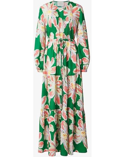 By Malina Casey Floral-print Long-sleeve Woven Maxi Dres - Green
