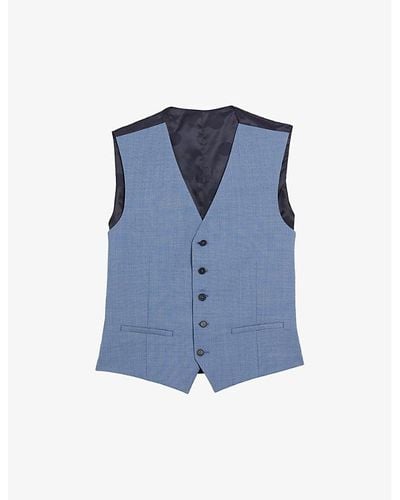 Ted Baker Sharkskin-pattern Slim-fit Wool-blend Waistcoat - Blue
