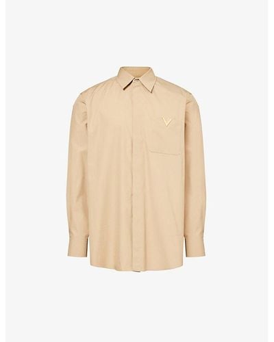 Valentino Branded-hardware Patch-pocket Regular-fit Cotton Shirt - Natural