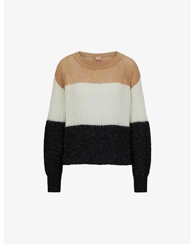 BOSS Striped Round-neck Wool-blend Sweater - Black