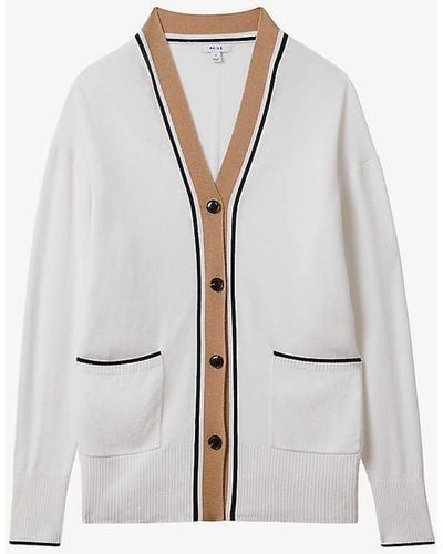 Reiss Carly V-neck Contrast-trim Wool-blend Cardigan - White