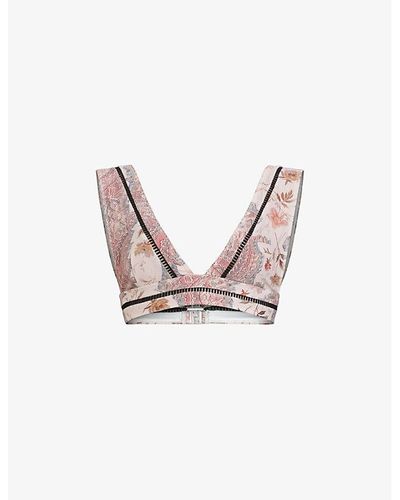 AllSaints Gorah Floral-print Stretch Recycled-polyamide Bikini Top - Pink