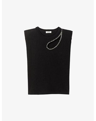 Sandro Crystal-embellished Cut-out Cotton T-shirt - Black