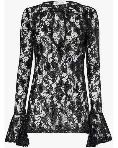 Nina Ricci Sequin-embellished Bell-sleeve Lace Top - Black