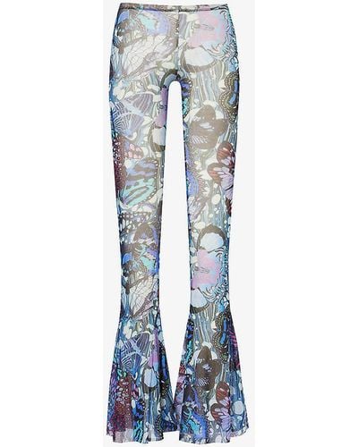Jean Paul Gaultier Papillon Flared-leg Low-rise Printed Sheer Mesh Trouser - Blue