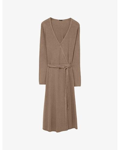 JOSEPH Wrap-over Long-sleeve Stretch Linen-blend Midi Dress - Brown