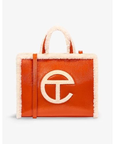 UGG X TELFAR Medium Crinkled-leather Sheepskin-trim Tote Bag - Orange