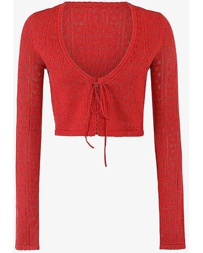 House Of Cb Perla Cropped Pointelle-knit Cardigan - Red
