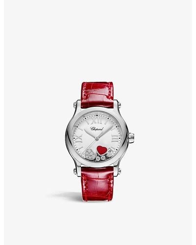 Chopard 278582-3005 Happy Sport Stainless-steel, 0.24ct Diamond And Red-stone Quartz Watch - White