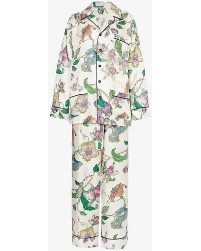 Olivia Von Halle Yves Floral-pattern Silk Pyjama Set - White