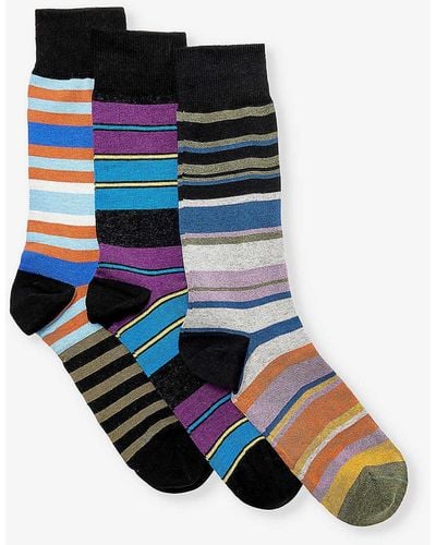 Paul Smith Multi Stripe-pattern Pack Of Three Stretch-cotton Knitted Socks - Black