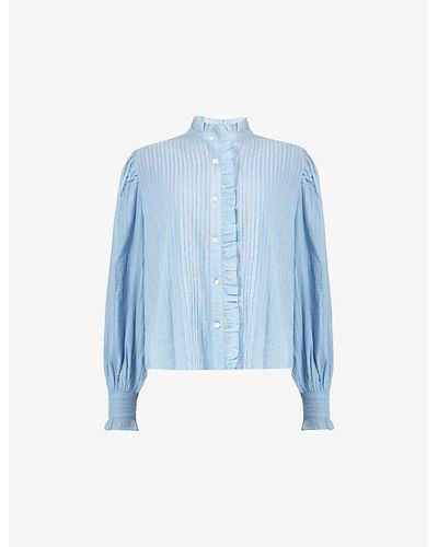 Ro&zo Pintuck Ruffled Cotton Blouse - Blue