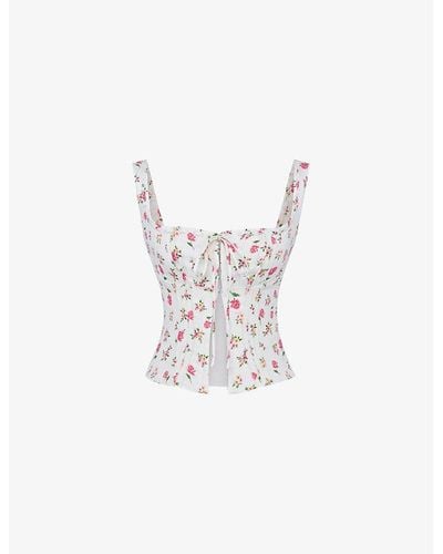 House Of Cb Chicca Floral-print Linen-blend Top - White