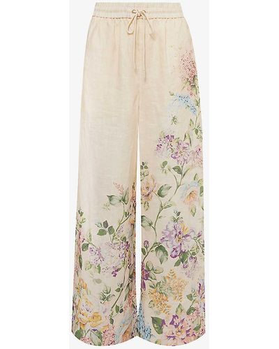 Zimmermann Halliday Floral-print Straight-leg Mid-rise Linen Trousers - White