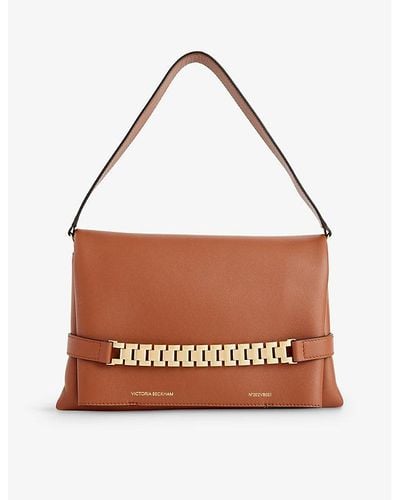 Victoria Beckham Branded Chain-embellished Leather Shoulder Bag - Brown