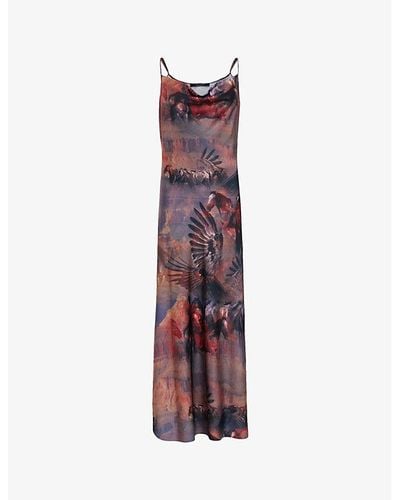 AllSaints Hadley Graphic-print Cowl-neck Stretch Recycled-polyester Maxi Dress - Red