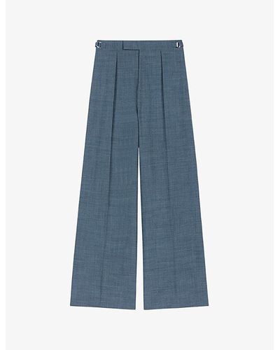 Maje Pleated Wide-leg High-rise Stretch-woven Pants - Blue
