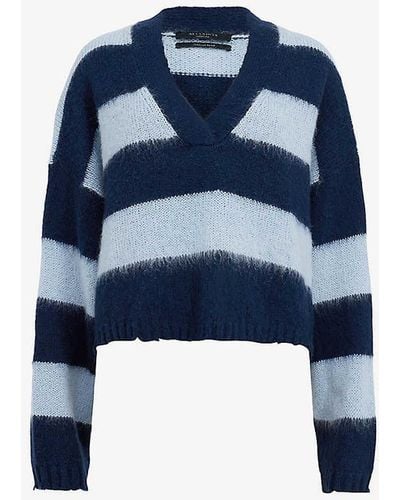 AllSaints Lou Striped Cropped Knitted Jumper - Blue