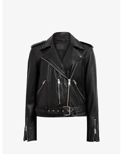 AllSaints Balfern Belted-hem Leather Biker Jacket - Black