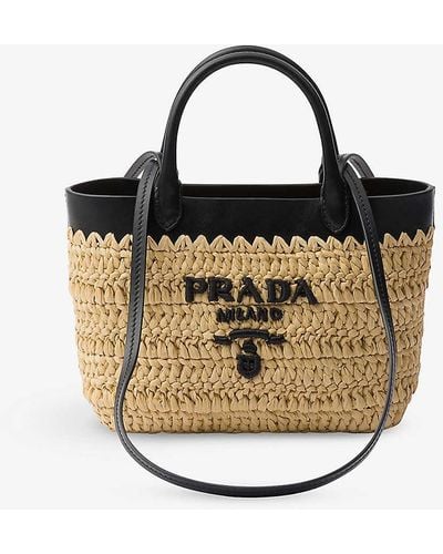 Prada Logo-embroidered Mini Crochet And Leather Tote Bag - White