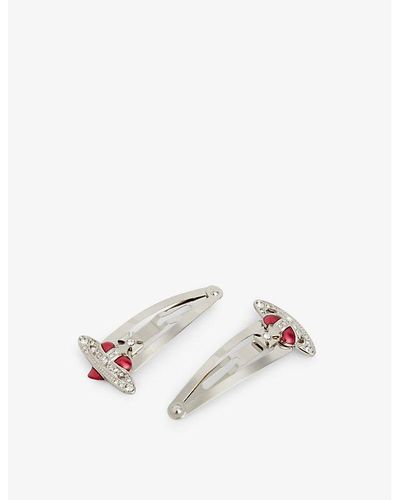 Vivienne Westwood Heart Diamante-embellished Silver-tone Brass Set Of Two Hairclips - White